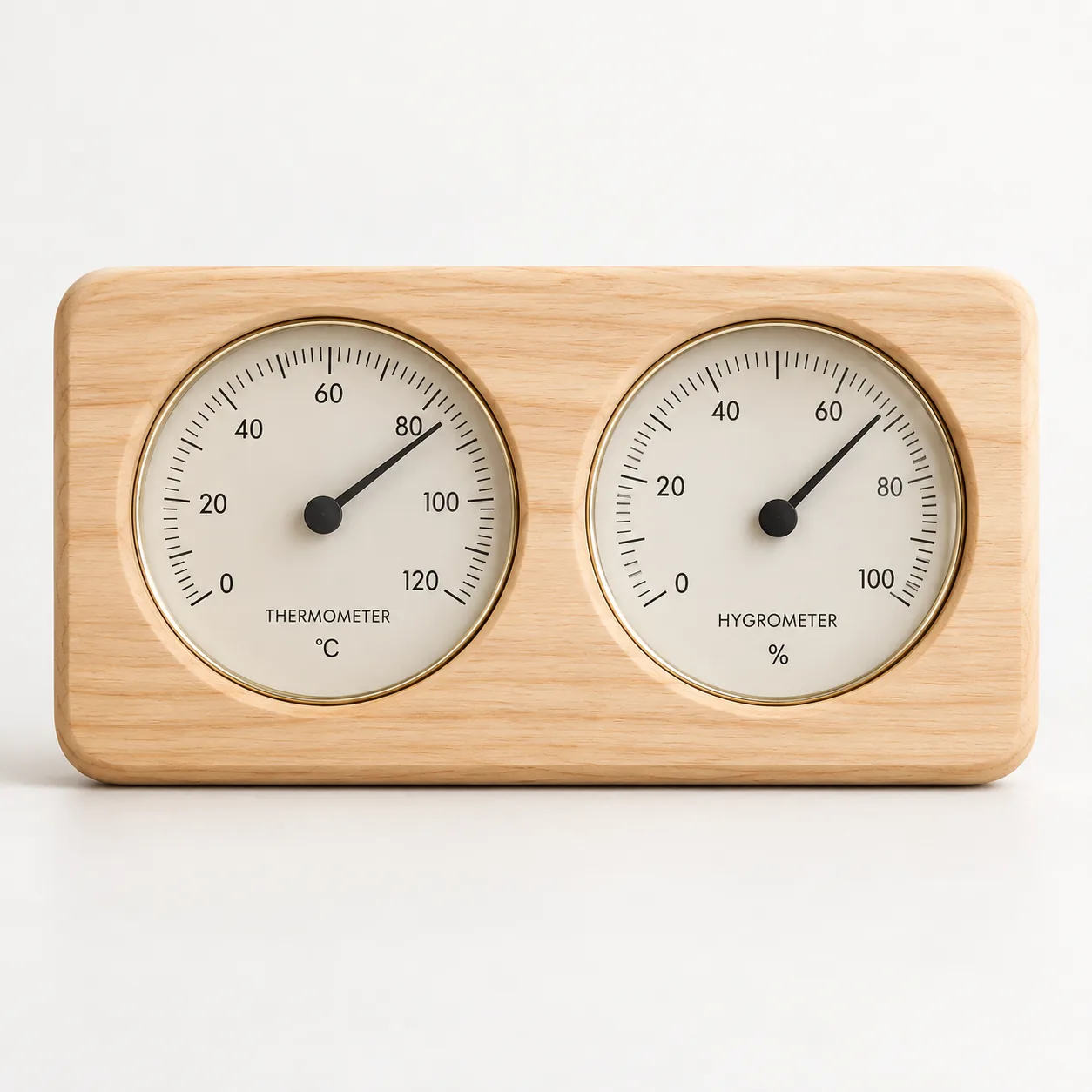 Basic light-wood sauna thermometer and hygrometer concept, studio view