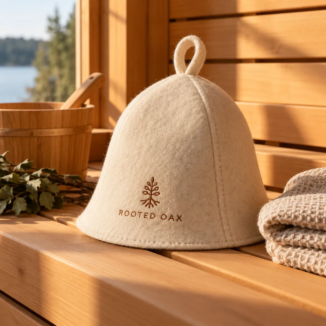 Rooted Oax branded wool sauna hat lifestyle photo — design concept