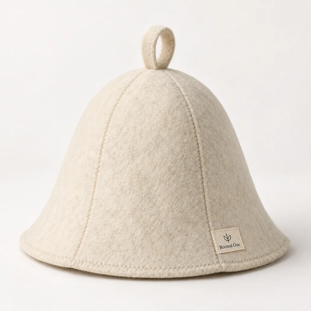 Rooted Oax branded wool sauna hat product photo — design concept