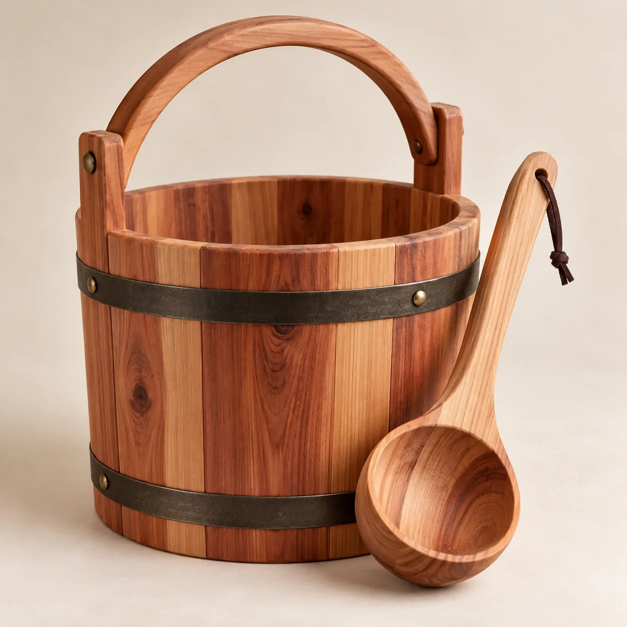 Concept image of traditional cedar sauna bucket and wooden ladle on a light background