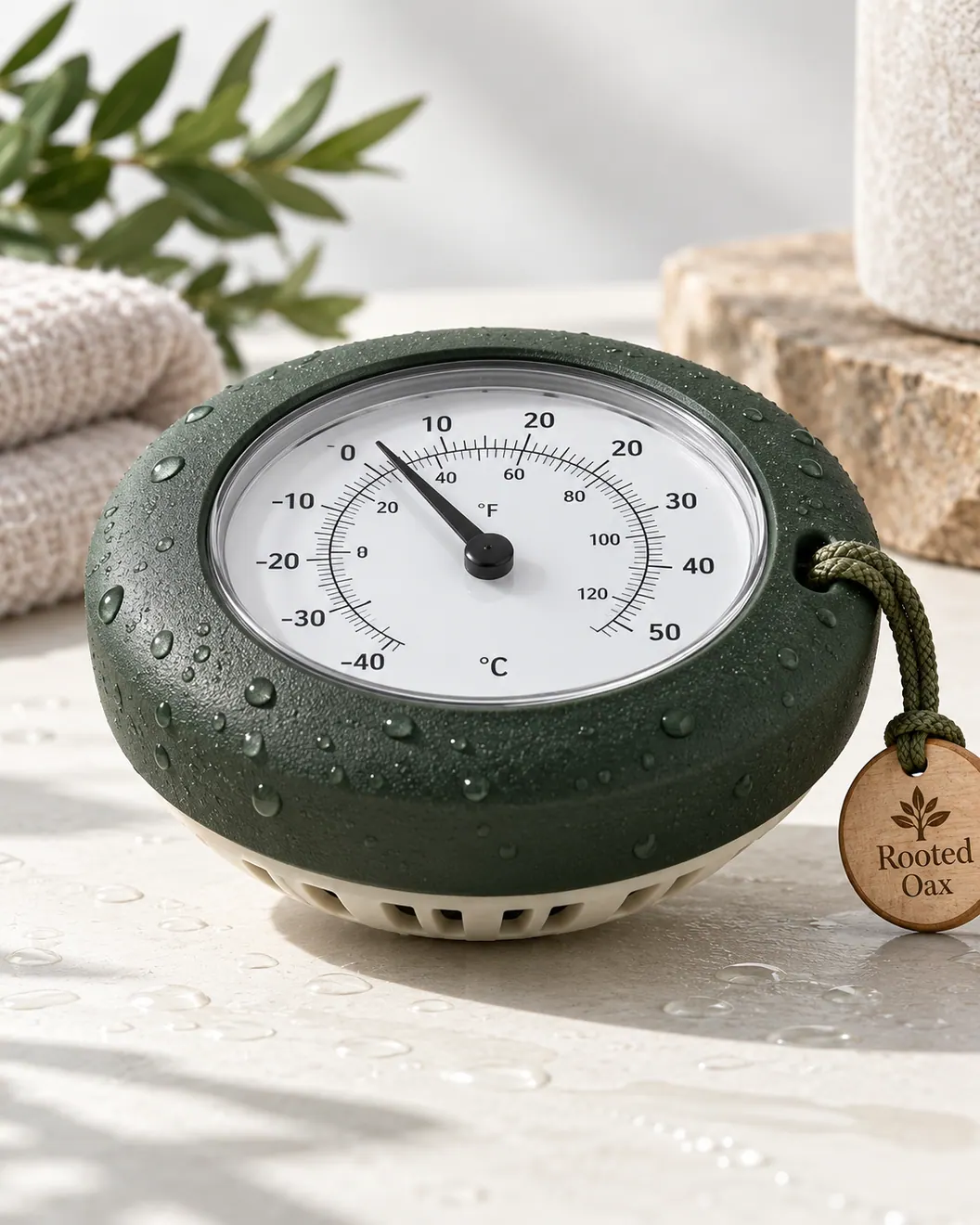 Rooted Oax floating plunge thermometer studio product photo with water droplets