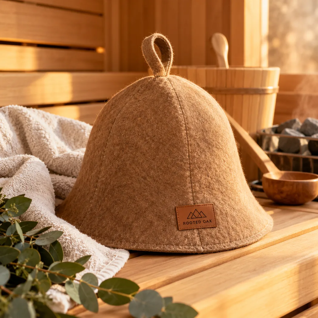 Rooted Oax premium 100% wool sauna hat lifestyle photo — design concept