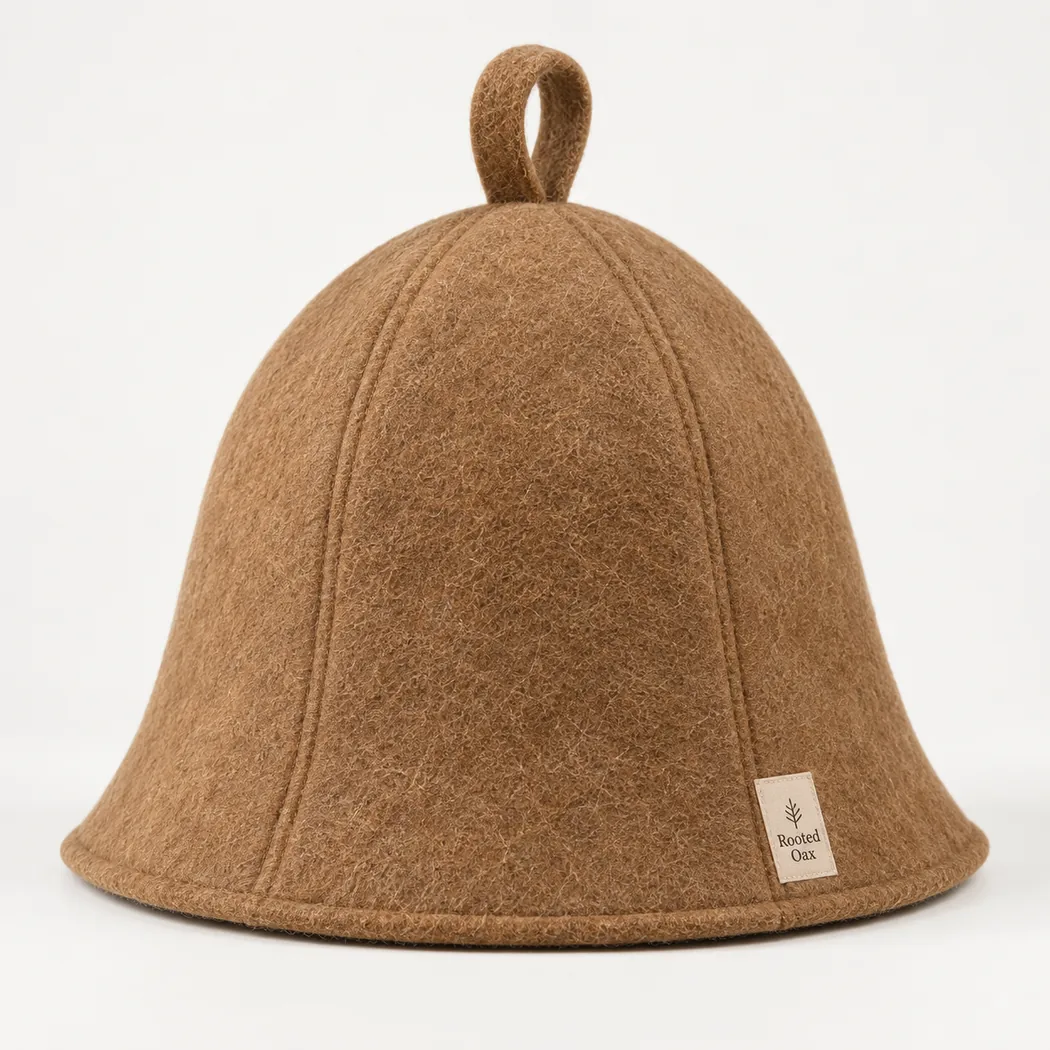 Rooted Oax premium 100% wool sauna hat product photo — design concept