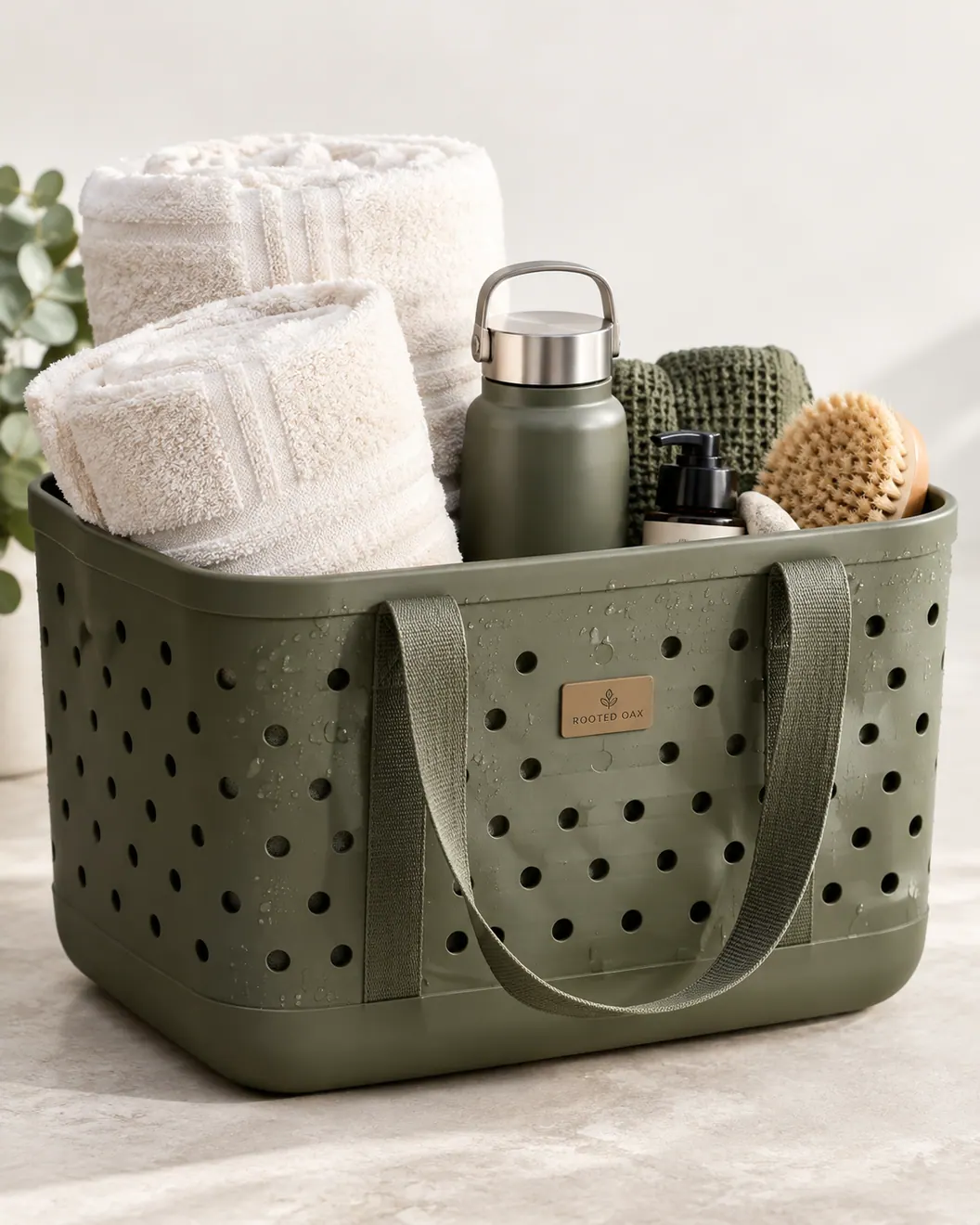 Rooted Oax waterproof storage basket with towels and plunge essentials on a clean background