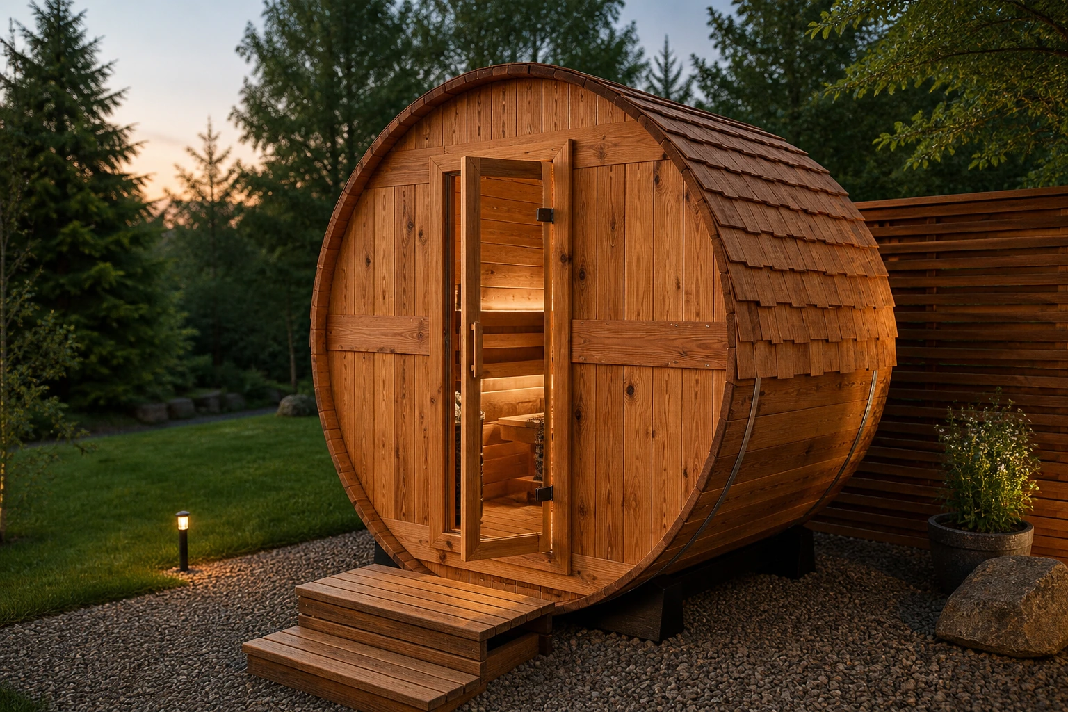 Cedar barrel sauna with open wood-and-glass door and wide entry steps
