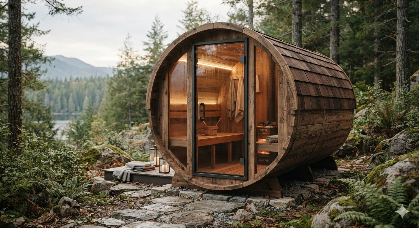 Cedar barrel sauna with a glass front in a woodland setting — design inspiration