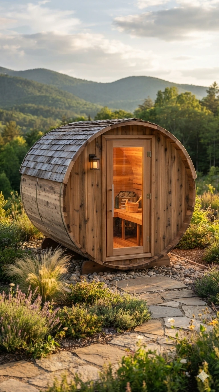 Cedar barrel sauna in a mountain garden with shingle roof and glass door