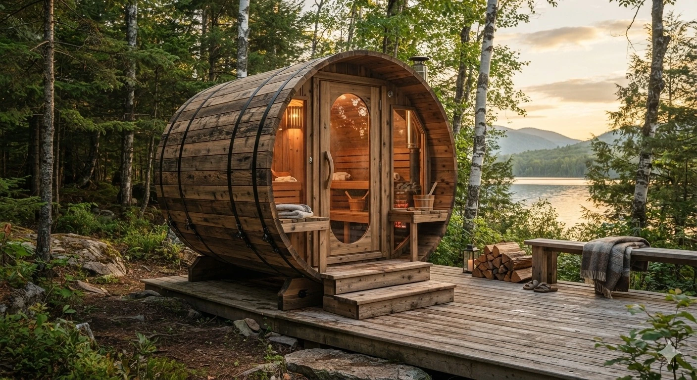 Cedar barrel sauna with roof, porch, steps and a lakeside deck