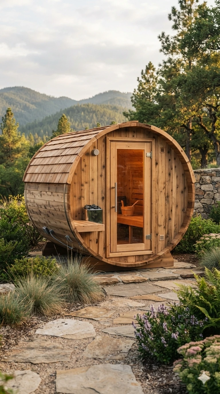 Cedar barrel sauna from the front and side with distant mountain views