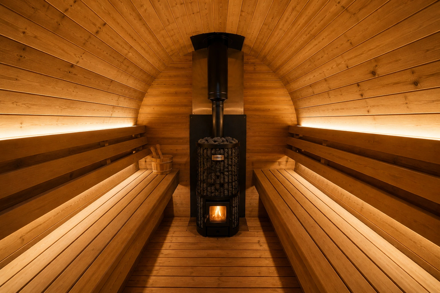 Warm cedar sauna interior with facing benches and central wood-burning stove