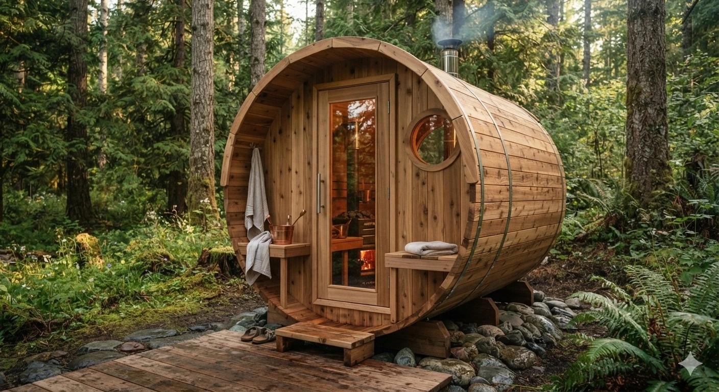 Cedar barrel sauna among trees with front landing and round window