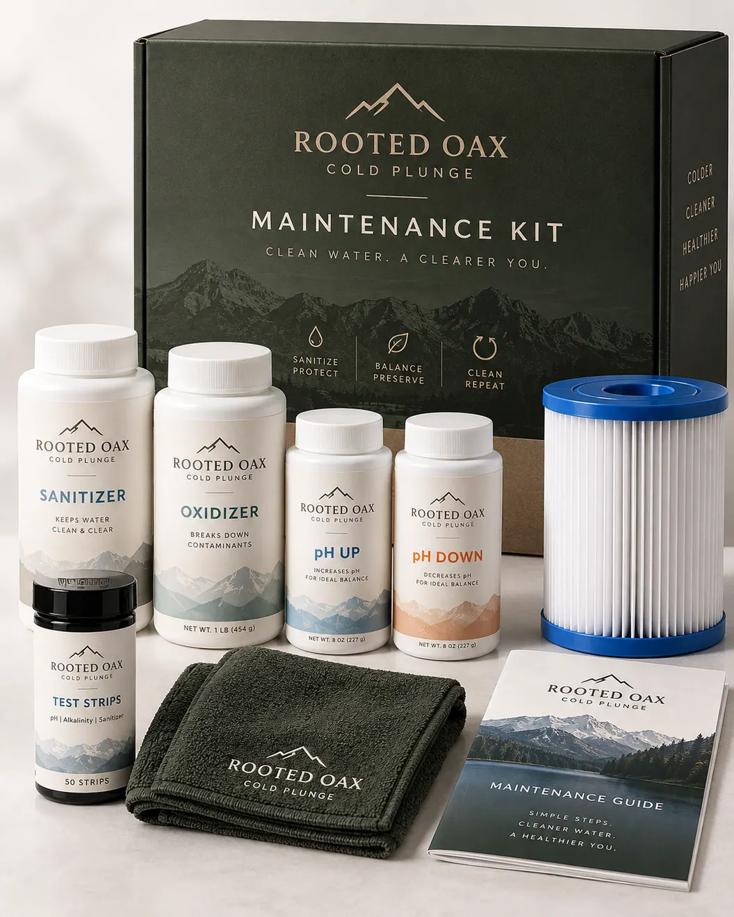 Rooted Oax cold plunge maintenance kit with sanitizer, oxidizer, pH balance items, filter and guide