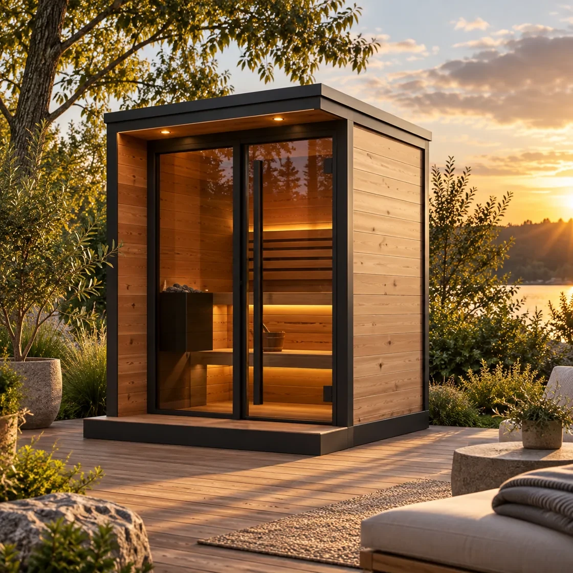 Compact natural cedar Ridge Frame with black glass front and flat metal roof on a deck
