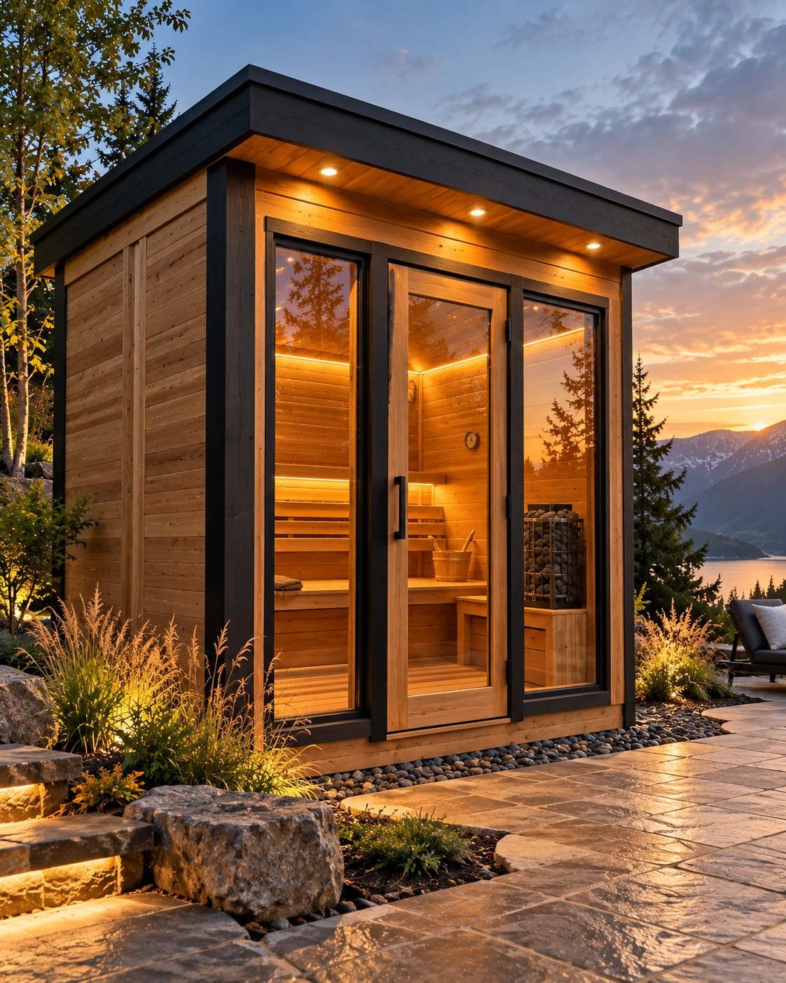 Natural cedar Ridge Frame with dark trim, large windows and single-slope roof from a different angle