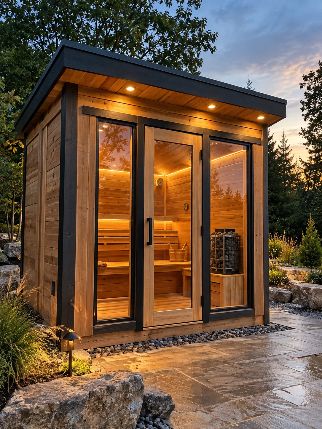 The Alpine Sanctuary framed cedar sauna with black trim and a glass front — design inspiration
