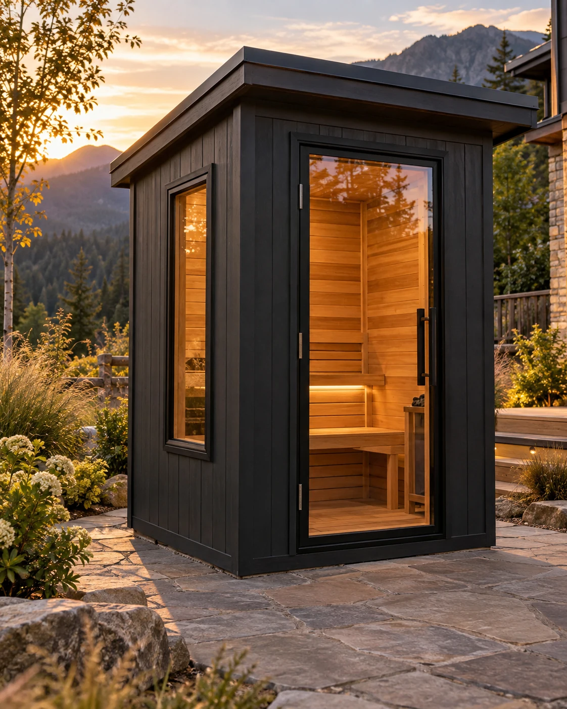 Charcoal Ridge Frame with glass door and side window in a mountain garden