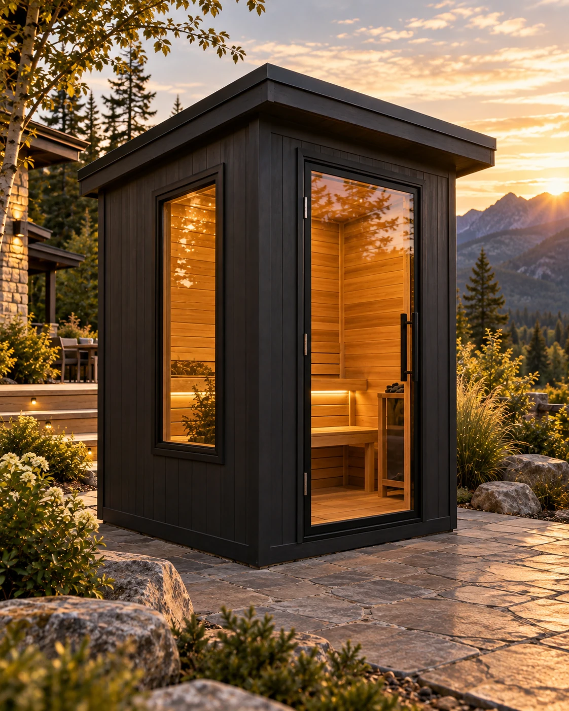 Charcoal Ridge Frame with glass door and side window at sunset