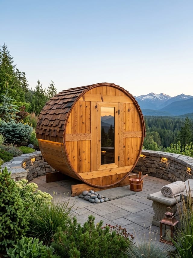 Cedar barrel sauna on a stone terrace overlooking forest and mountains — design inspiration
