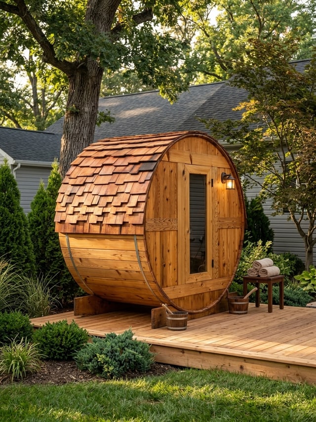 Cedar barrel sauna on a landscaped backyard deck — design inspiration