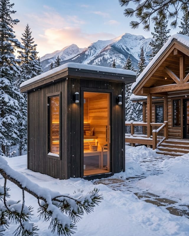 Warmly lit framed sauna beside a cabin in a snowy mountain forest — design inspiration