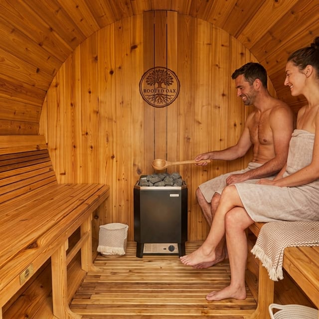 Couple seated inside a cedar barrel sauna beside a stone heater — illustrative lifestyle scene
