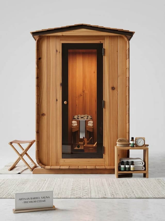 Cedar sauna with a glass door and accessories in a bright studio setting — design inspiration