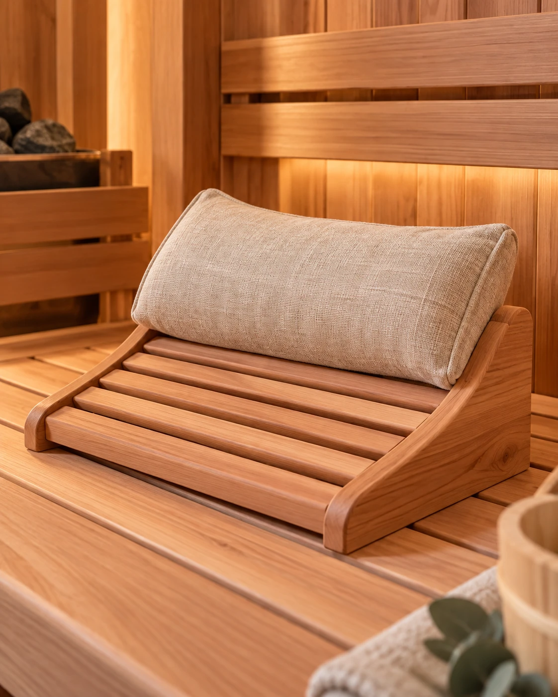 Sauna pillow on a curved cedar headrest, styled on a sauna bench