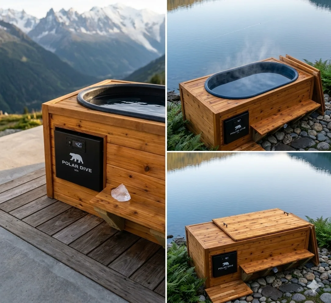 Full cedar Still Plunge shown from multiple lakeside angles with integrated chiller