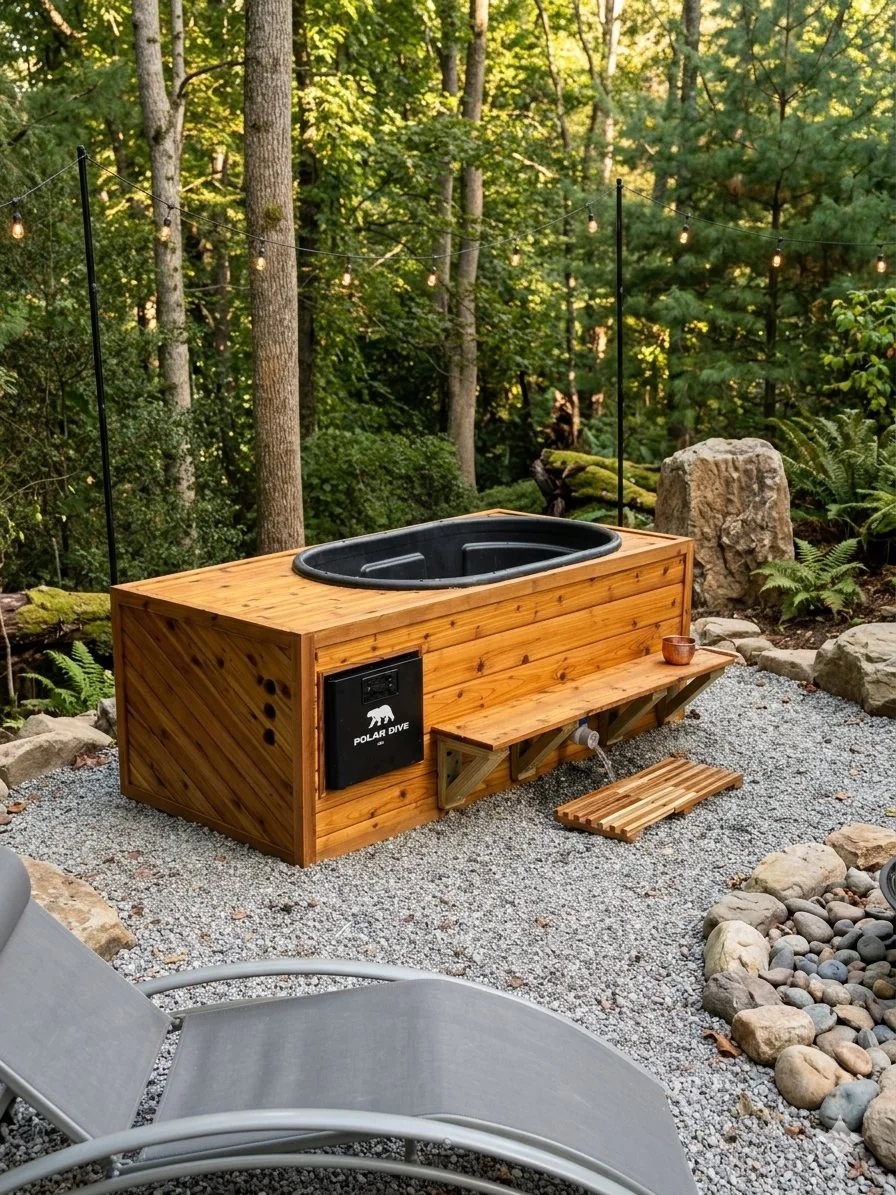 Full cedar Still Plunge with integrated chiller in a wooded outdoor setting