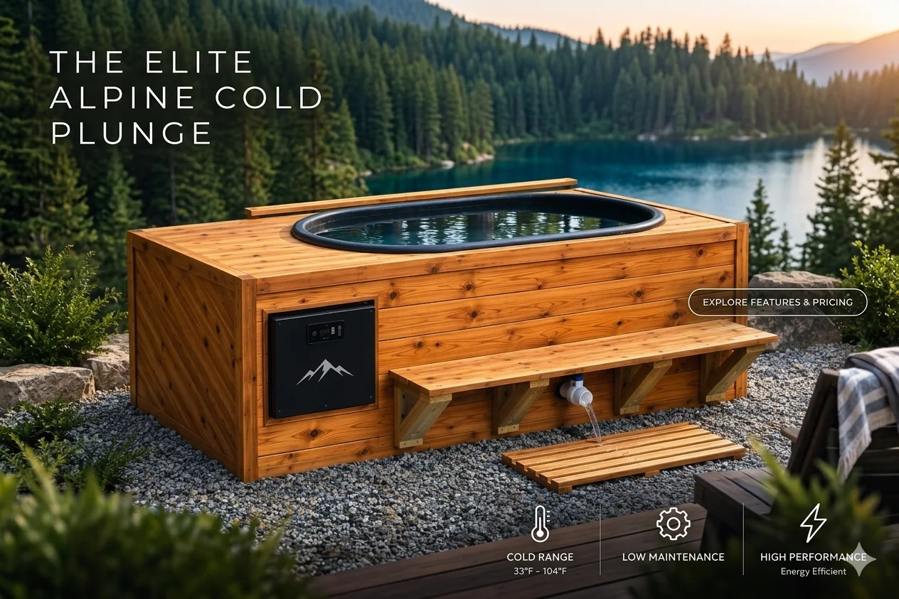 The Glacier Reserve in full cedar with an integrated chiller and bench in an alpine setting — design inspiration