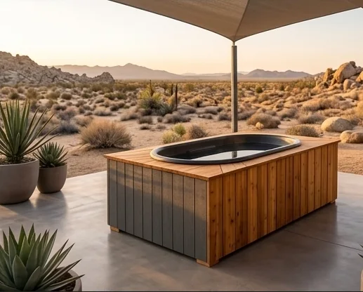 The Glacier Reserve with cedar top and dark T1-11 style exterior panels in a desert setting