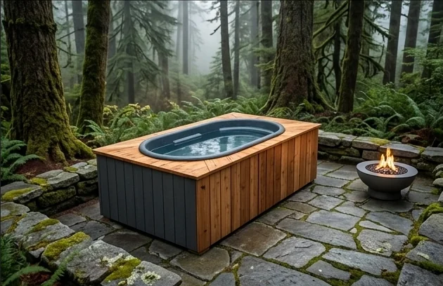 The Glacier Reserve with cedar top and dark T1-11 style exterior panels in a forest setting