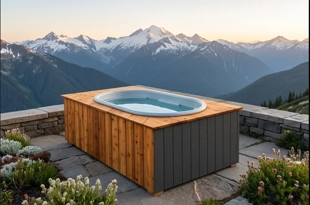 The Glacier Reserve with cedar top and dark T1-11 style exterior panels overlooking mountains