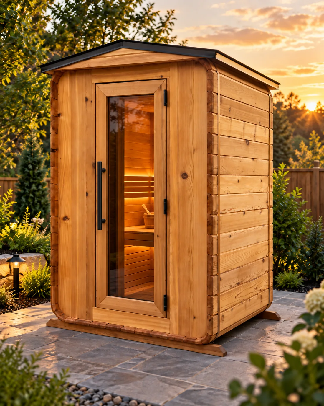 Compact Ember Pod cedar sauna viewed from front and right side