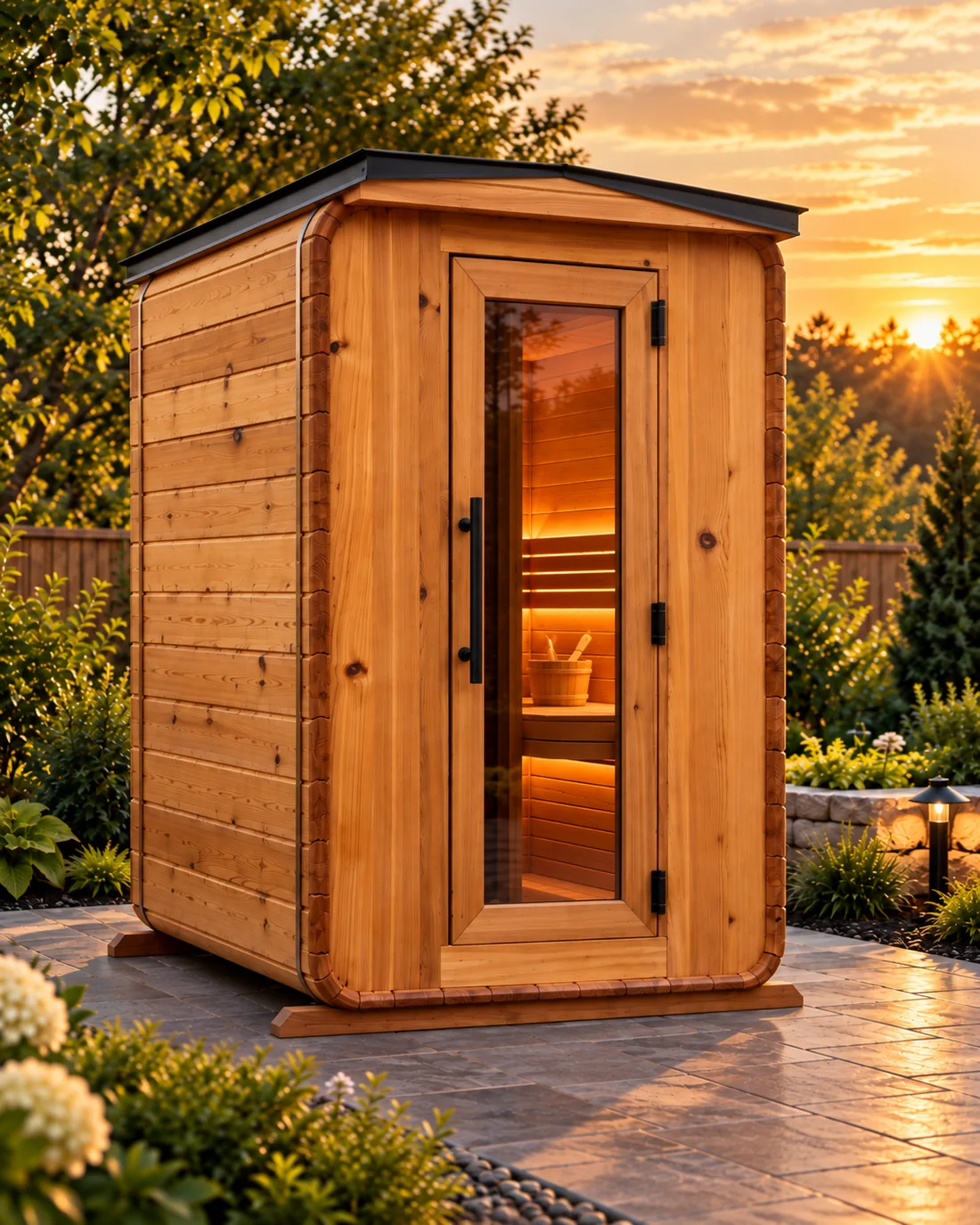 The Ember Retreat 2-person cedar pod sauna with a black front roof and glass door — concept render