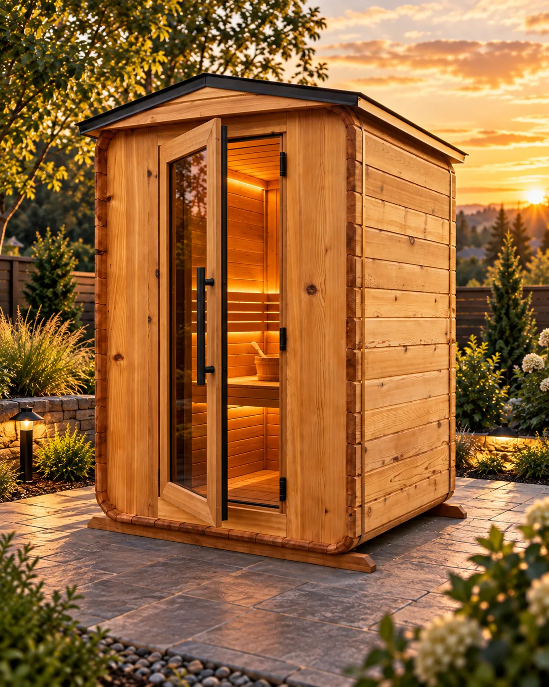 Ember Pod concept with the glass door open, revealing a warm cedar interior