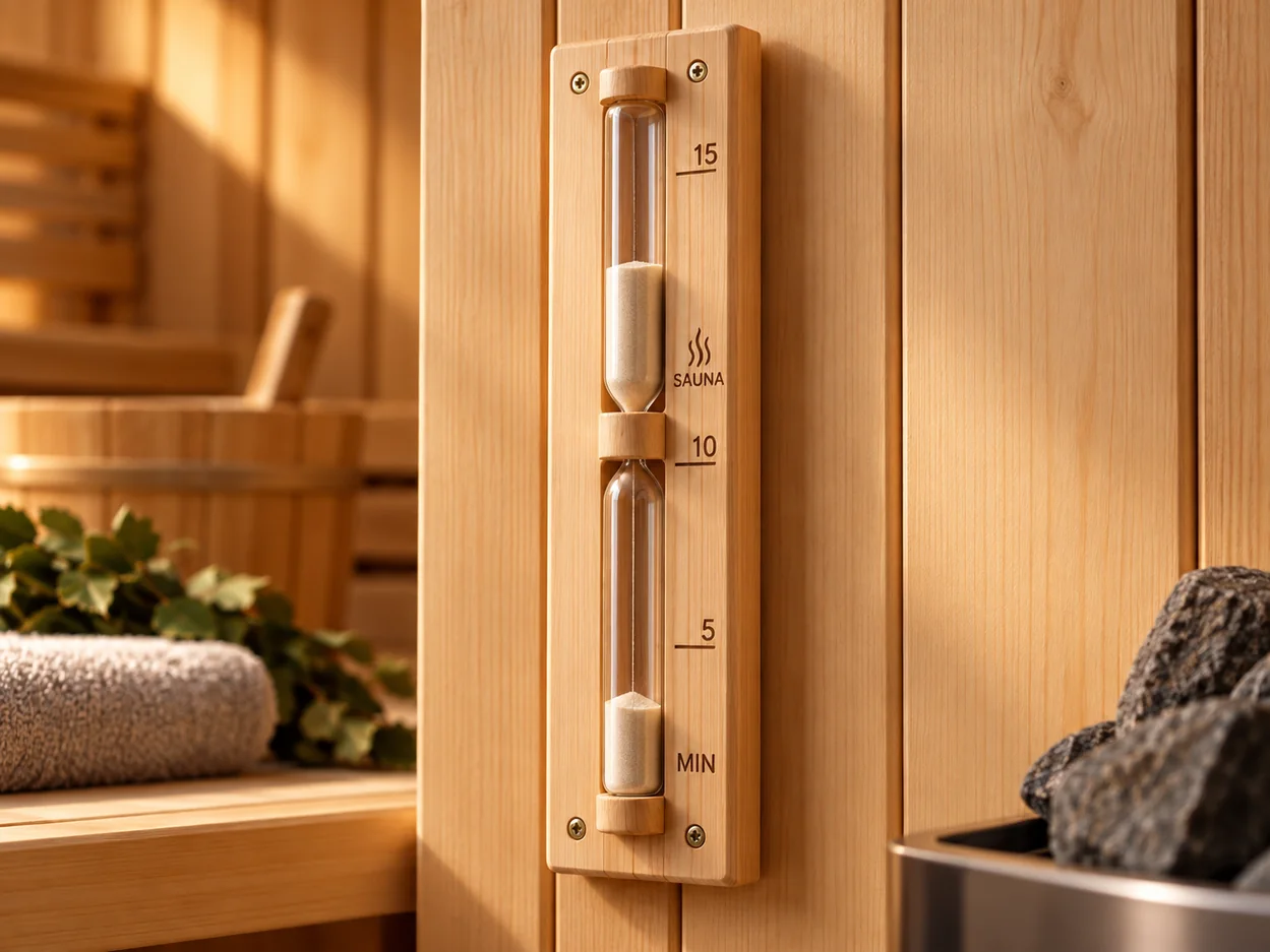 Traditional wall-mounted wooden sauna sand timer — first concept view