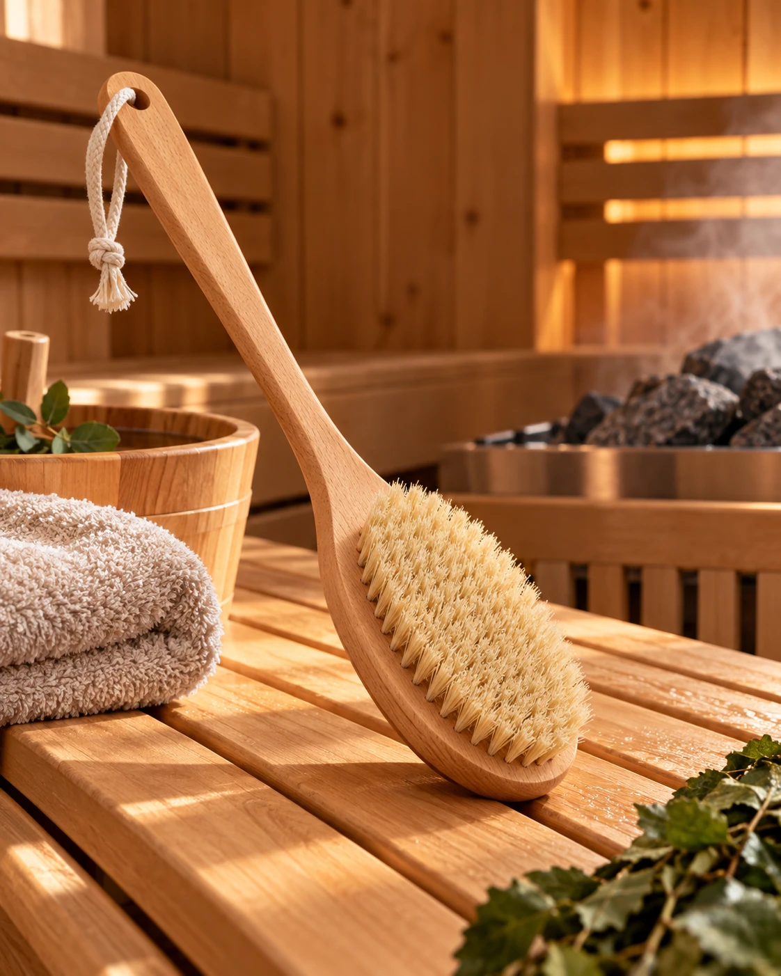 Traditional wooden sauna brush with natural-looking bristles in a warm cedar sauna