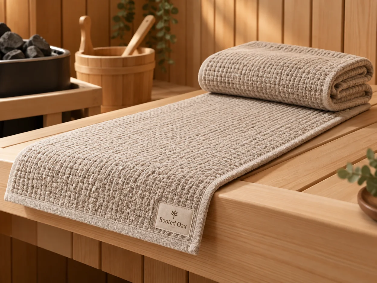 Rooted Oax long sauna bench towel folded in a cedar sauna — concept image