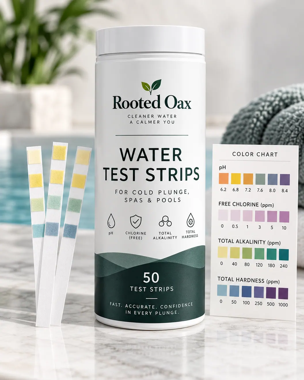 Rooted Oax cold plunge water test strips with color guide